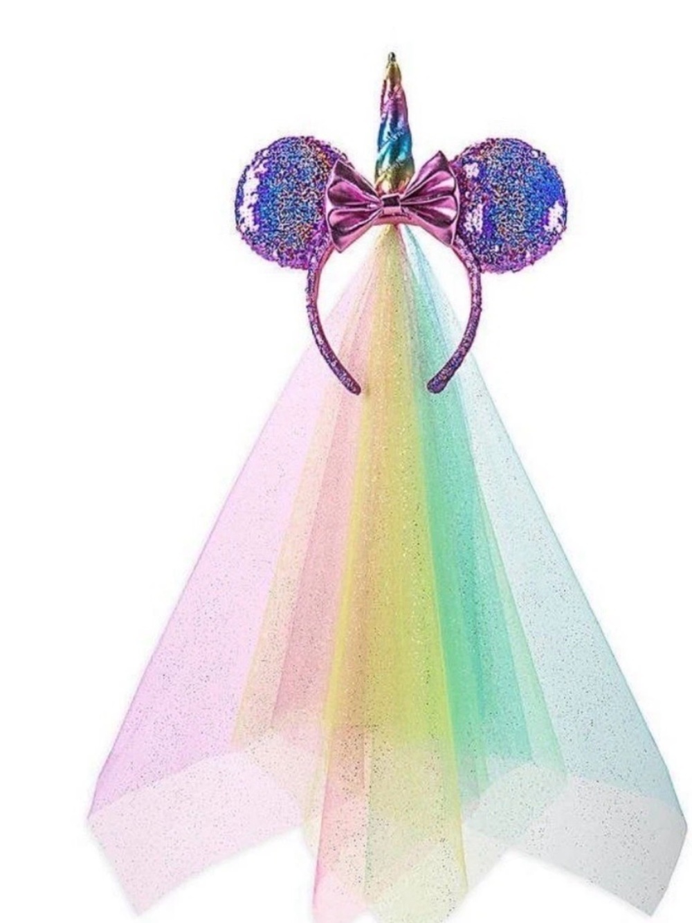Disney Pink Sequin Unicorn Ear Headband with Rainbow Veil